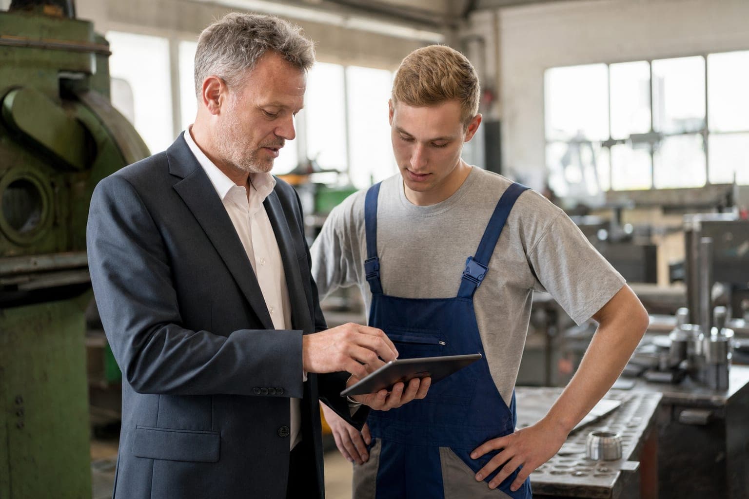 Betriebsinhaber und neue Fachkraft am Tablet in der Werkstatt